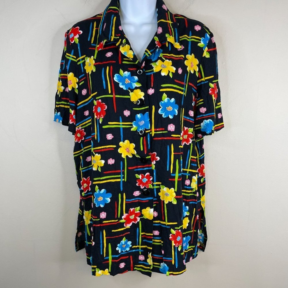 Vintage BRIGHT Floral Button Up Tunic Top Womens 14 L Multicolor Short Sleeve